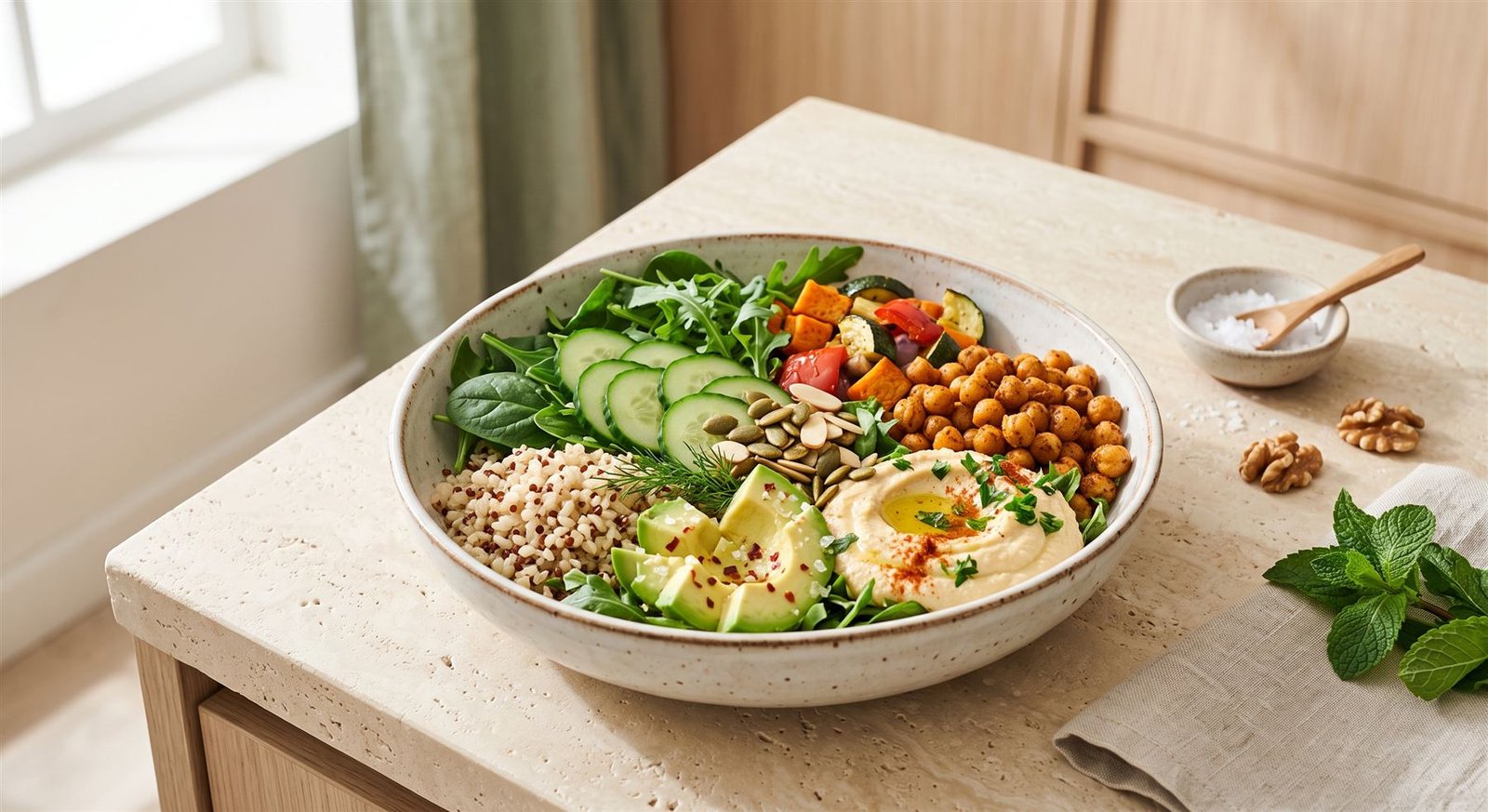 Bowl de vegetales, legumbres y hummus servido sobre una mesa de madera.